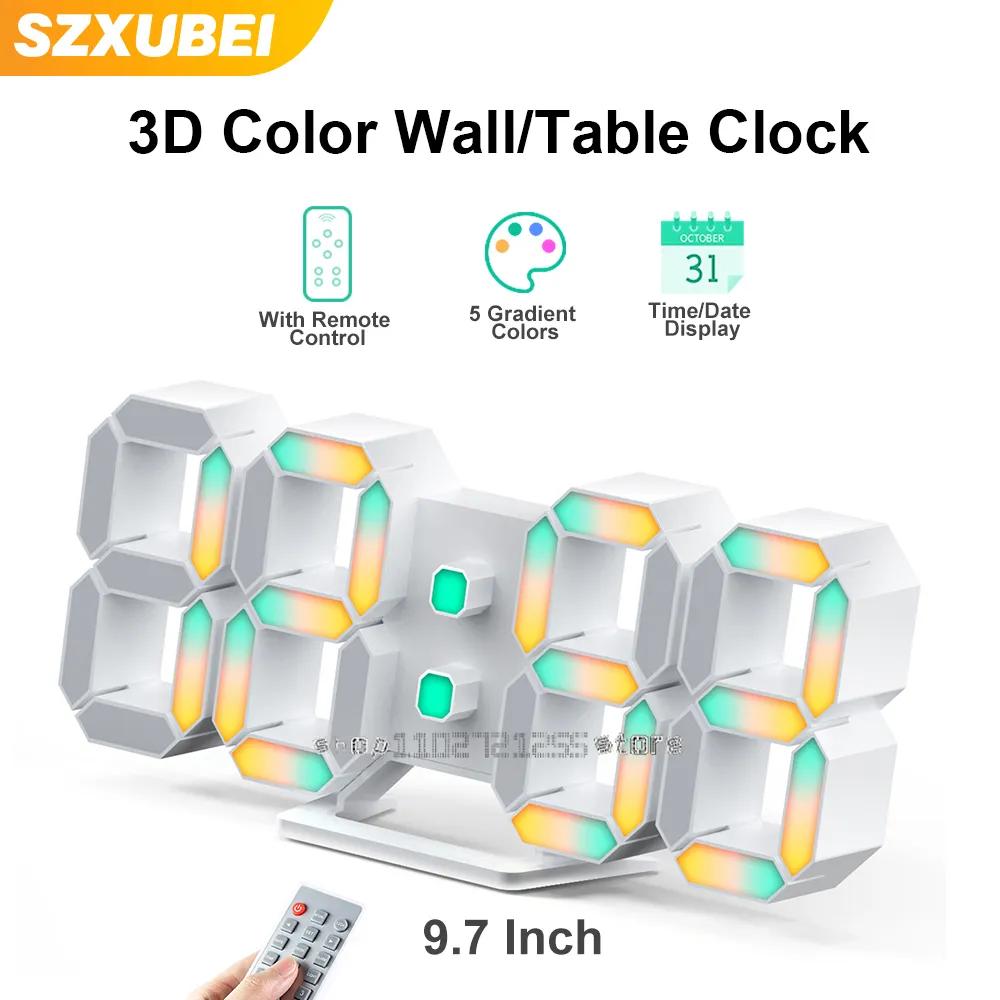 3D LED 벽시계, 알람 시계, 테이블 시계, 7 가지 색상, 시간 및 날짜 디스플레이, 디지털 시계, 리모컨 침실, 거실, 사무실